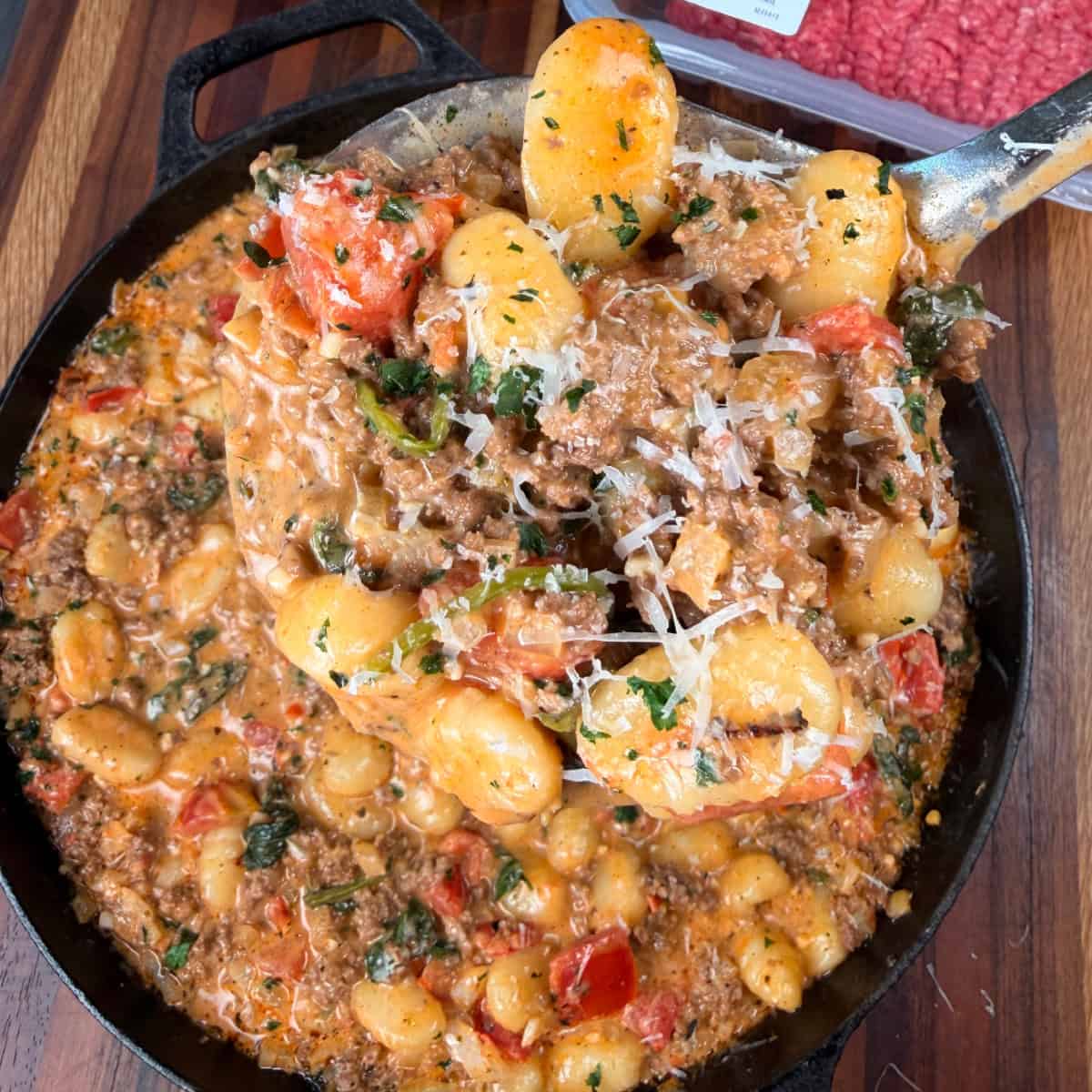 Beef and Gnocchi on a spoon
