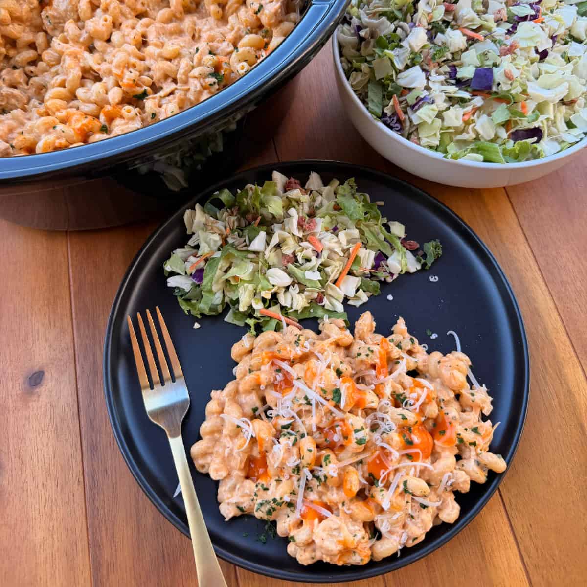 Plated Buffalo Chicken Pasta with Salad