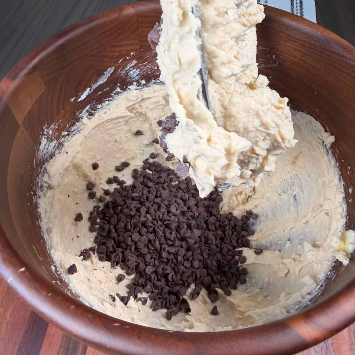 Cookie Dough Dip in mixing bowl with mini chocolate chips