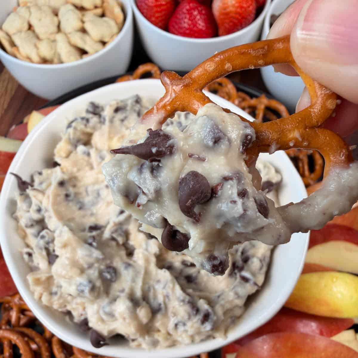 Cookie Dough Dip on Pretzel