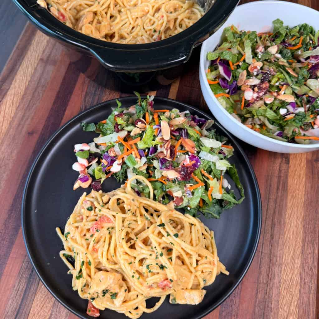 Crockpot Chicken Spaghetti with salad
