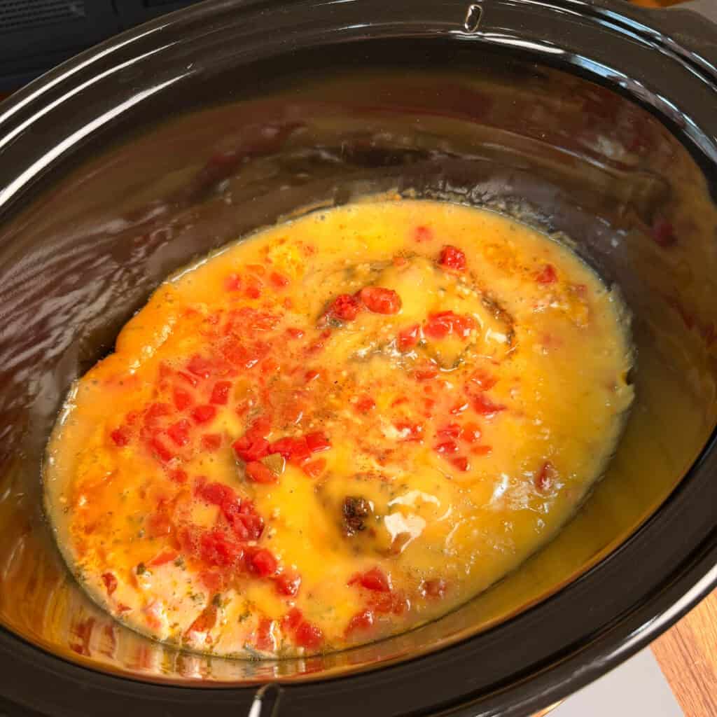 Cooked chicken, cream of chicken, and rotel