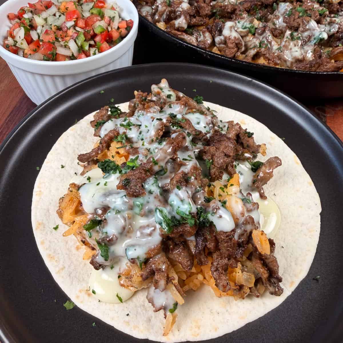 Plated Steak Cheese and Rice in a flour tortilla with Pico de Gallo 
