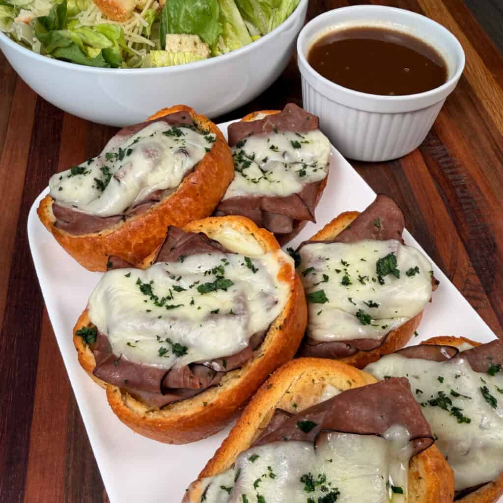 French Dip Garlic Toast with salad and Au jus