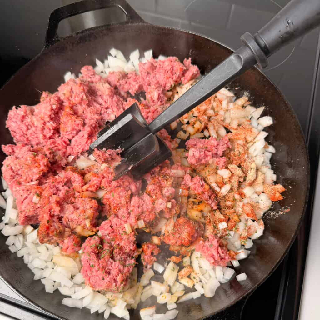 ground beef, onions, seasonings in skillet