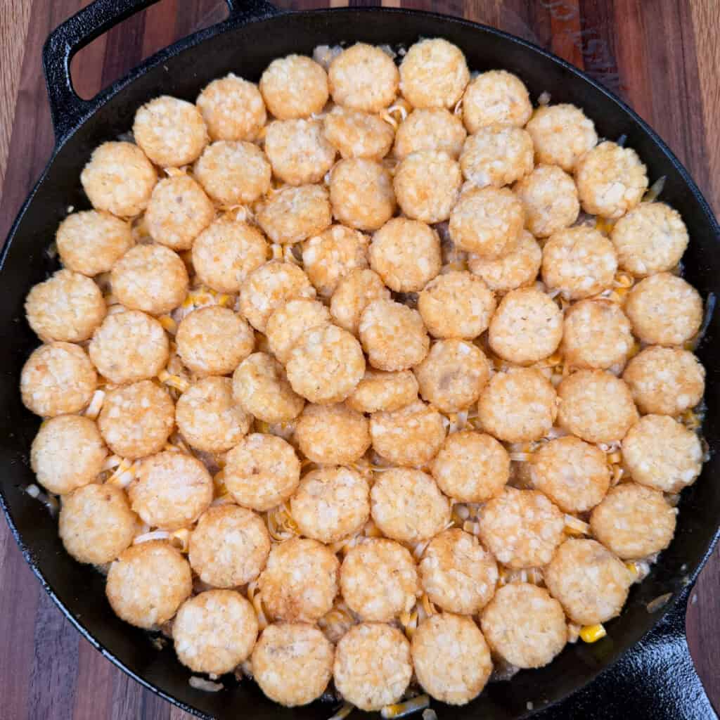 unbaked cowboy Casserole topped with frozen crispy crowns