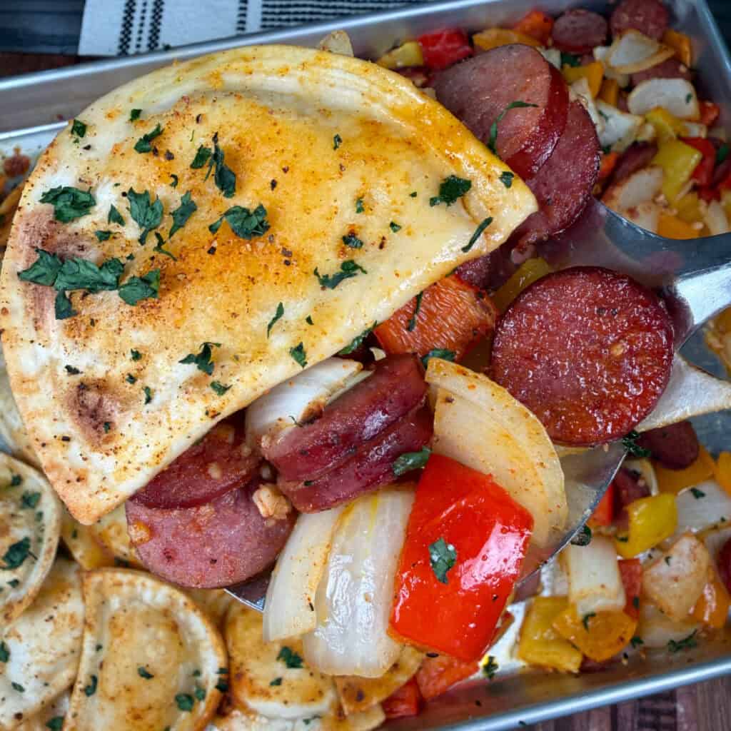Kielbasa and Pierogies Sheet Pan Meal