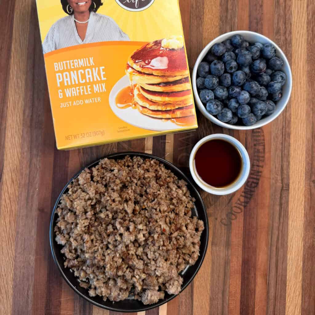Blueberry Sausage Pancake Casserole Ingredients pancake mix, syrup, blueberries, sausage