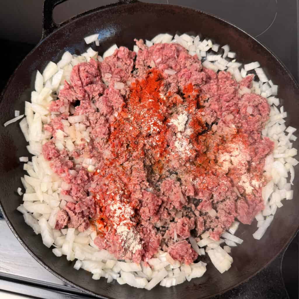 Seasoned ground beef with chopped onion in skillet