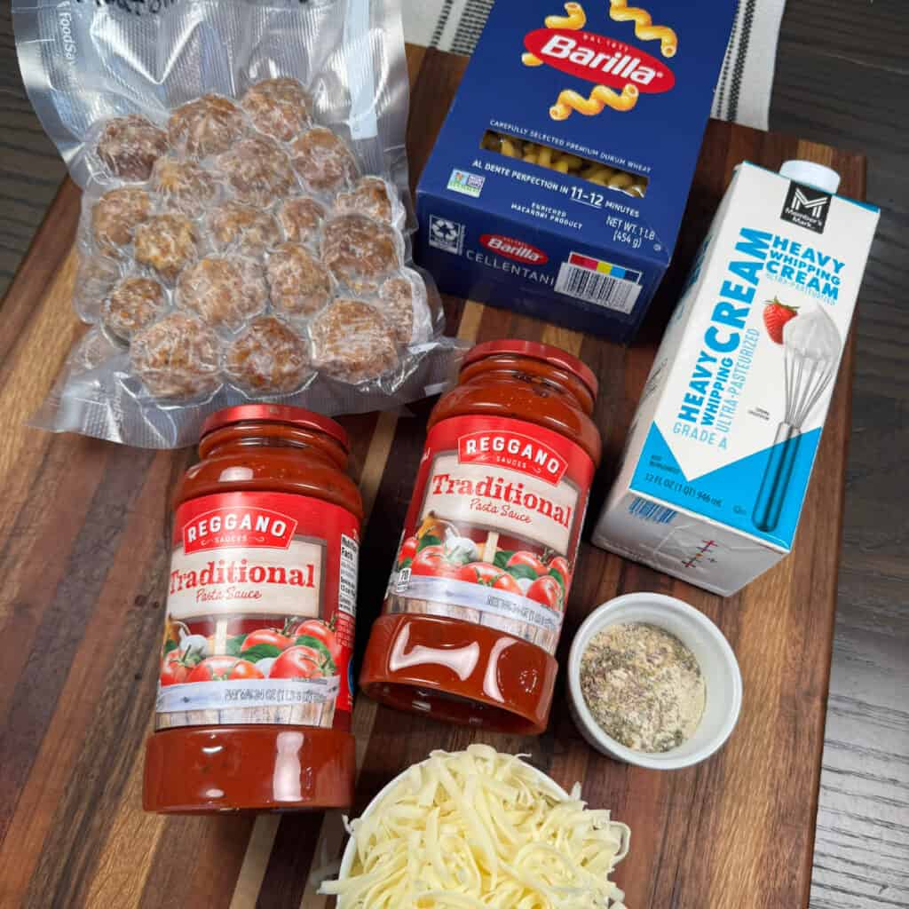 Cheesy Crockpot Meatball Pasta Ingredients