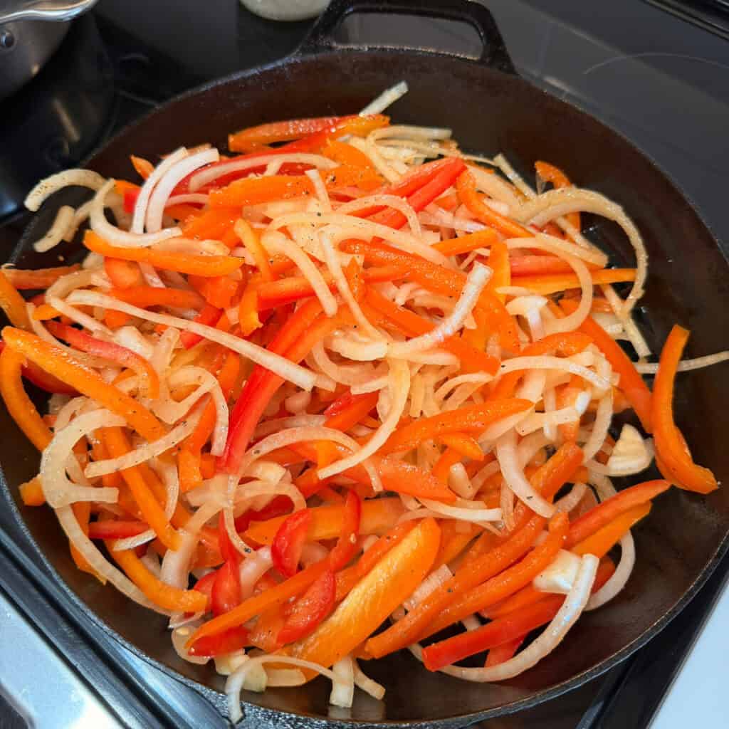 Cooking Veggies for One Pan Chicken Fajitas