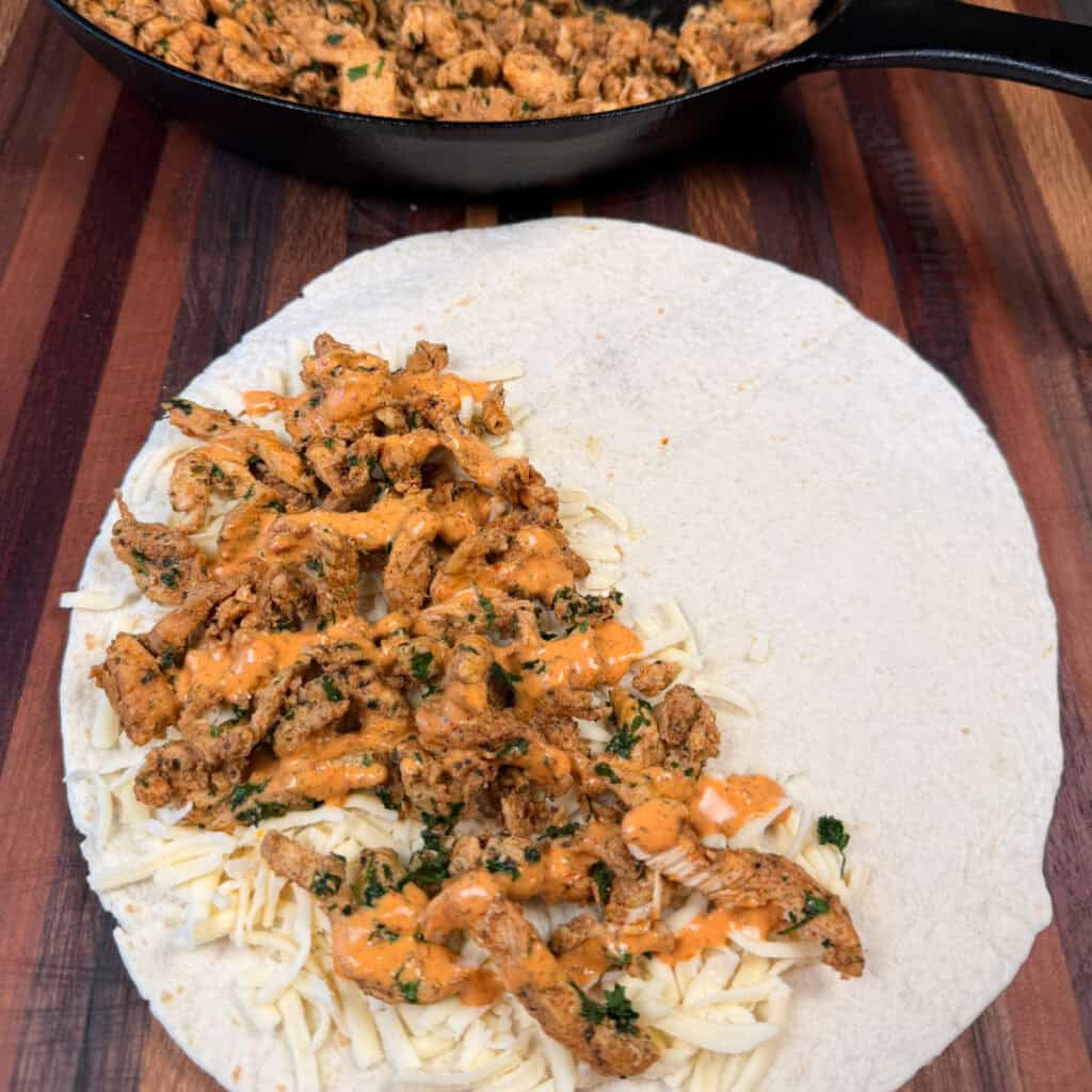 Built quesadilla with cheese, chicken, chipotle ranch