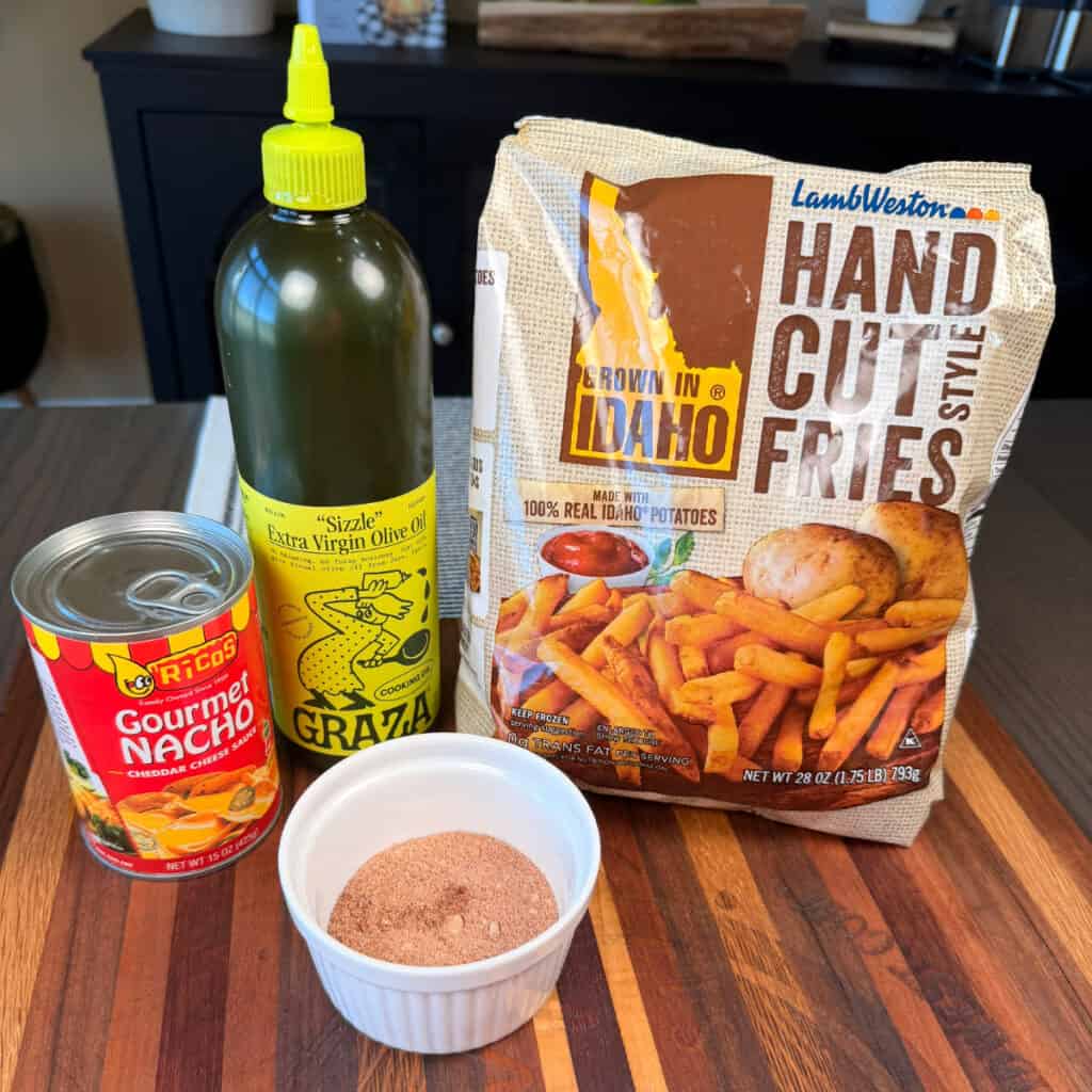 Fries, oil, seasonings, nacho cheese