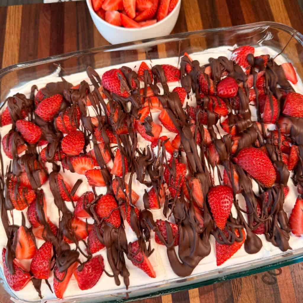 Chocolate Covered Strawberry Poke Cake
