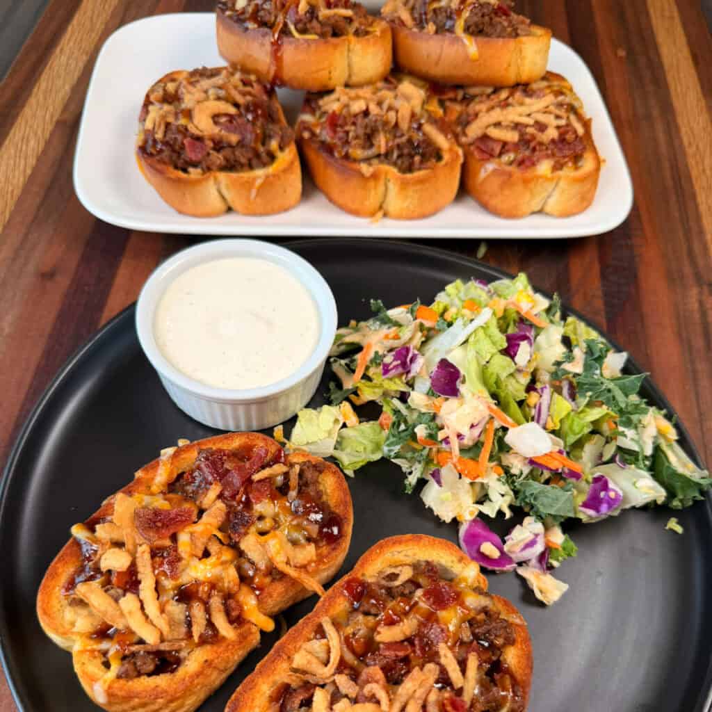 Plated BBQ Cheeseburger Garlic Toast