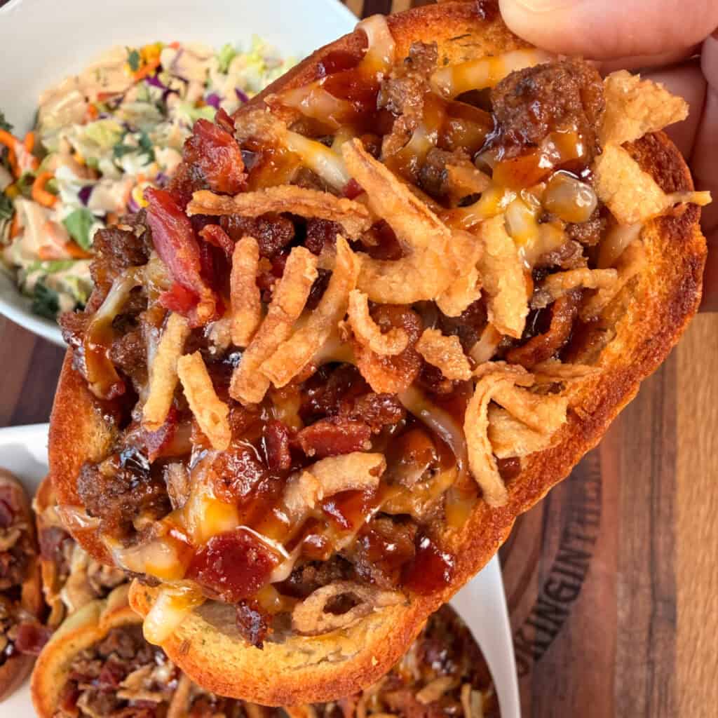 Up close shot BBQ Cheeseburger Garlic Toast