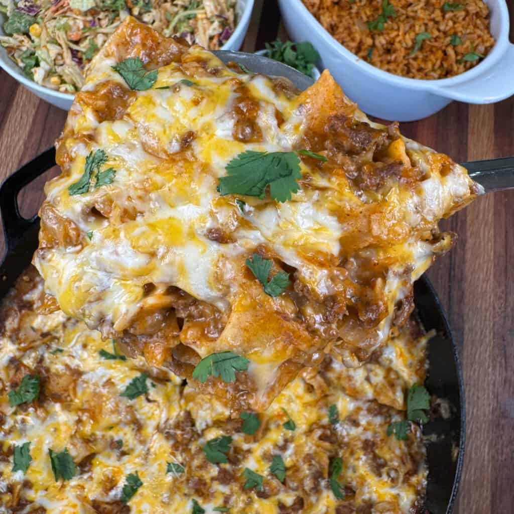 Upclose shot of Cheesy Beef Enchilada Skillet