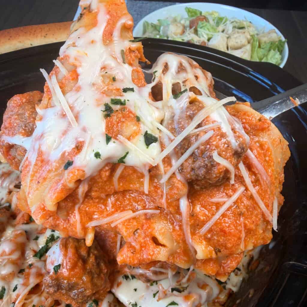 Up close photo of Crockpot Meatball Lasagna