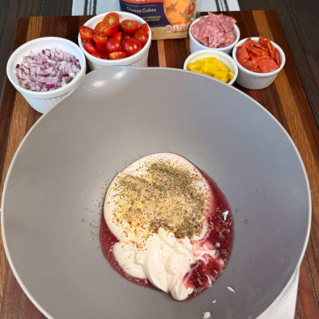 Bowl of mayo, vinegar, seasonings