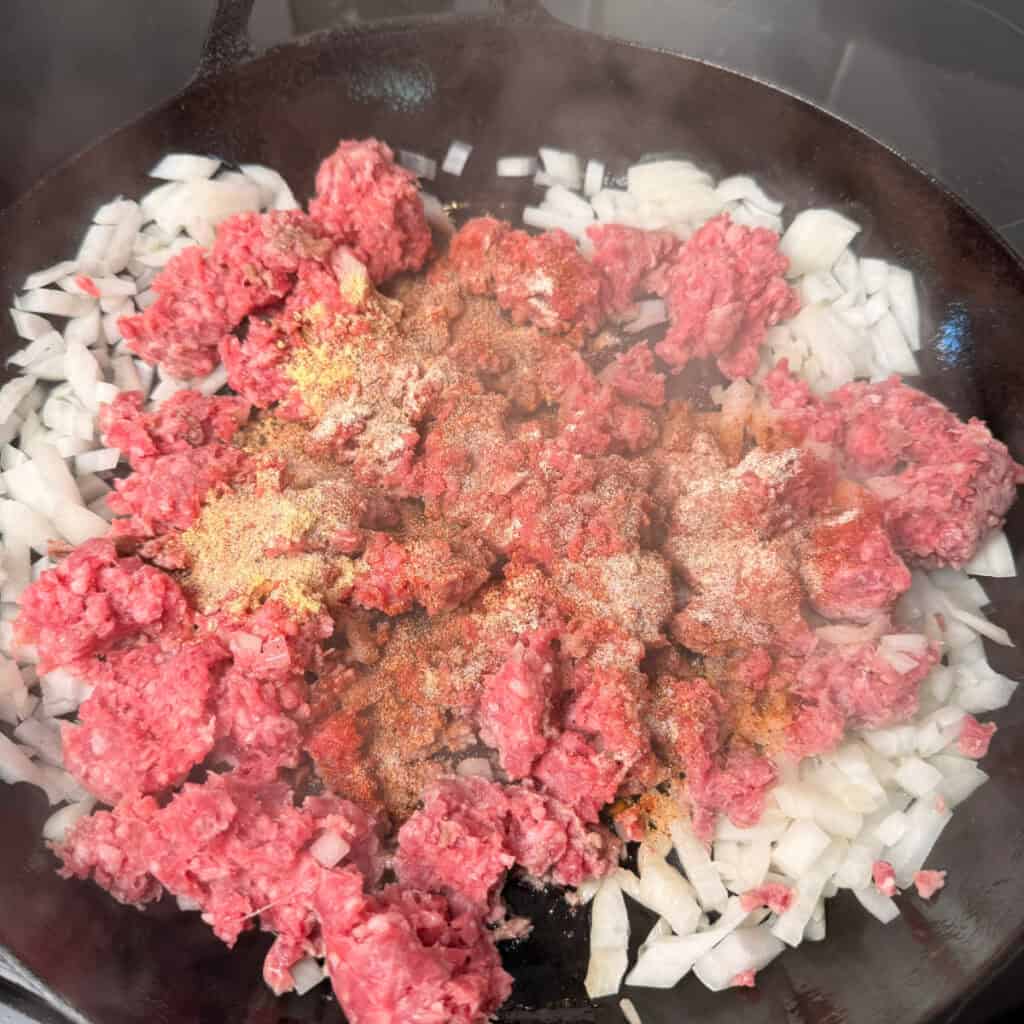 Ground beef, onions, seasonings in skillet