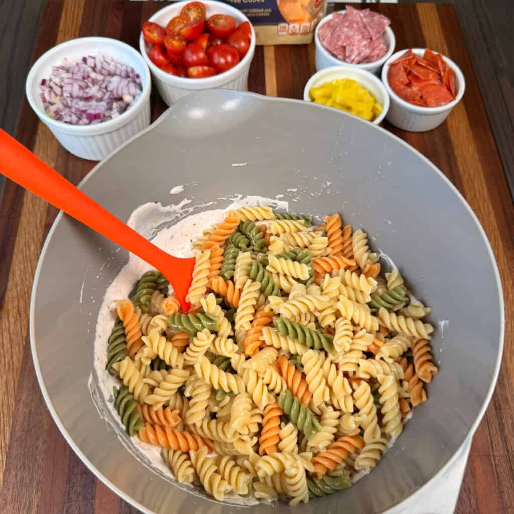 Pasta in bowl with dressing