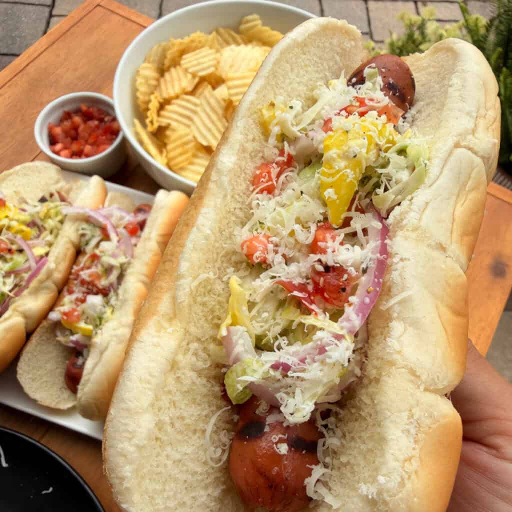 Up close Grinder Salad Hot Dogs