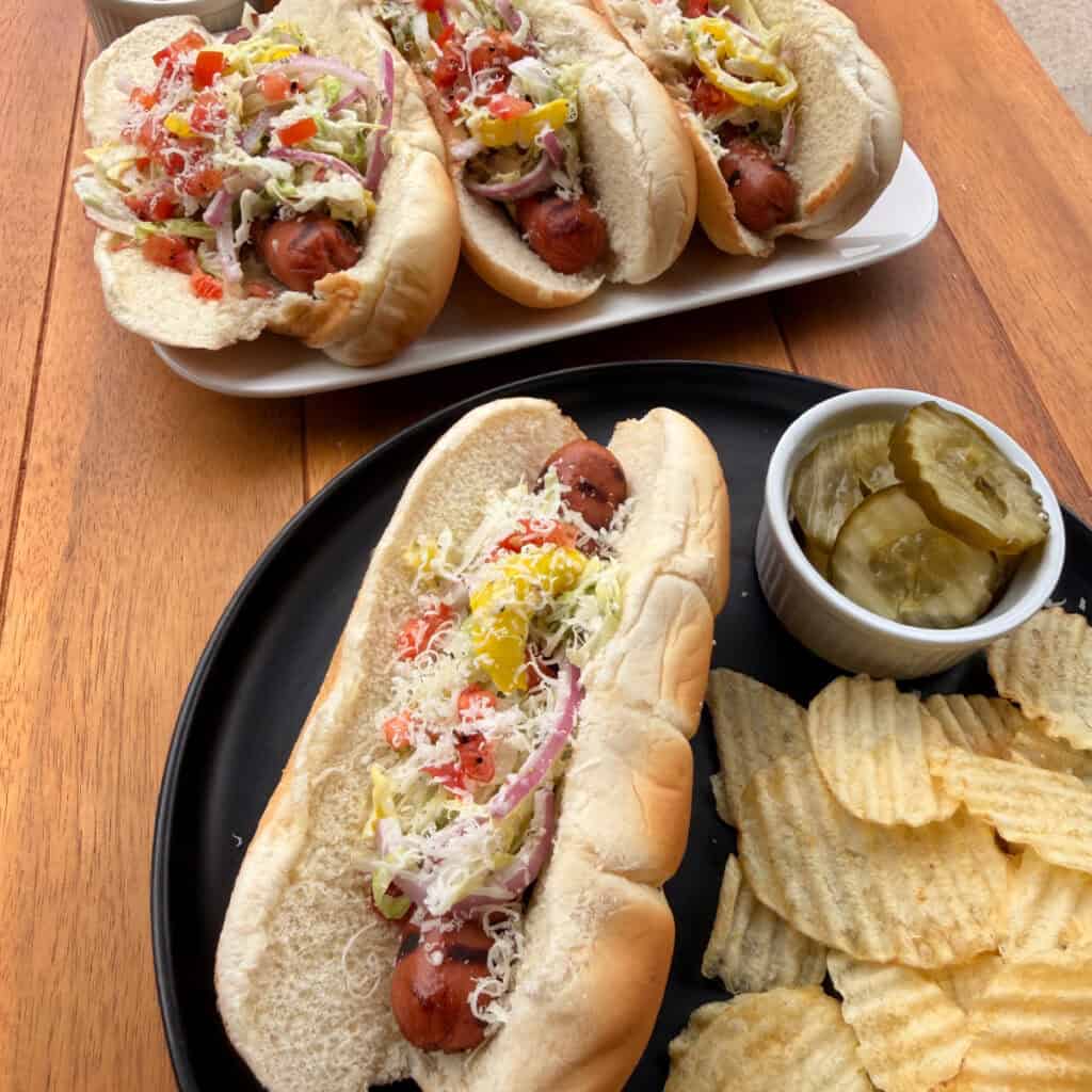 Plated Grinder Salad Hot Dogs