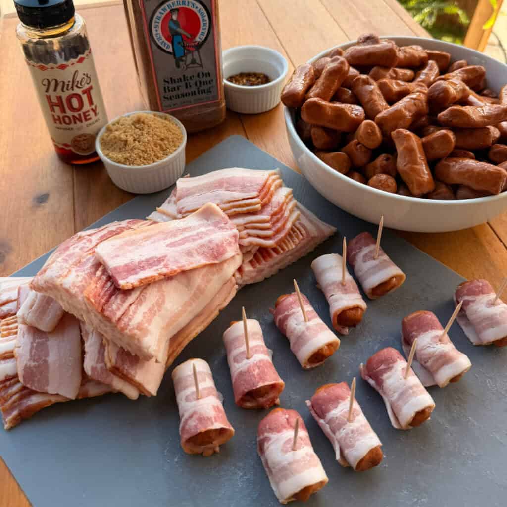 Little Smokies, cut bacon, and some bacon wrapped little smokies