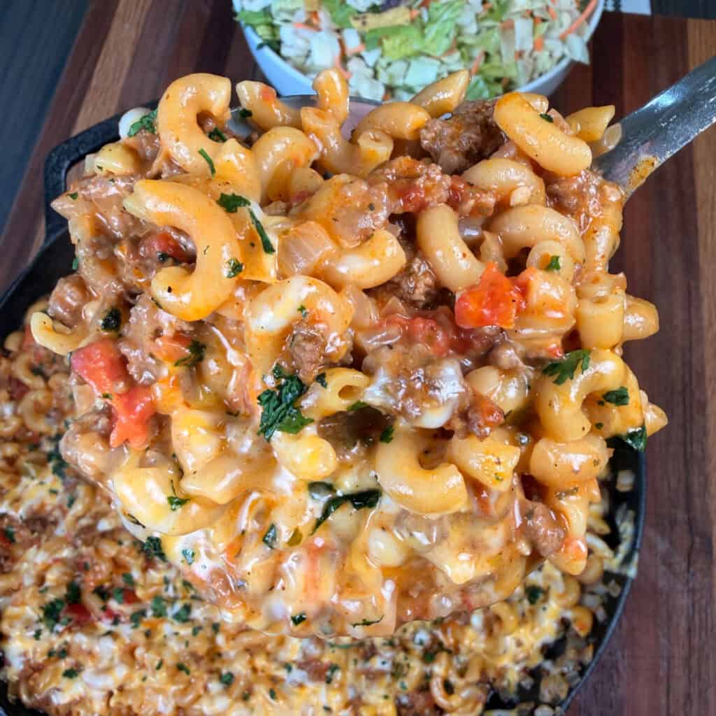 Upclose shot of One Pan Cheesy Taco Mac