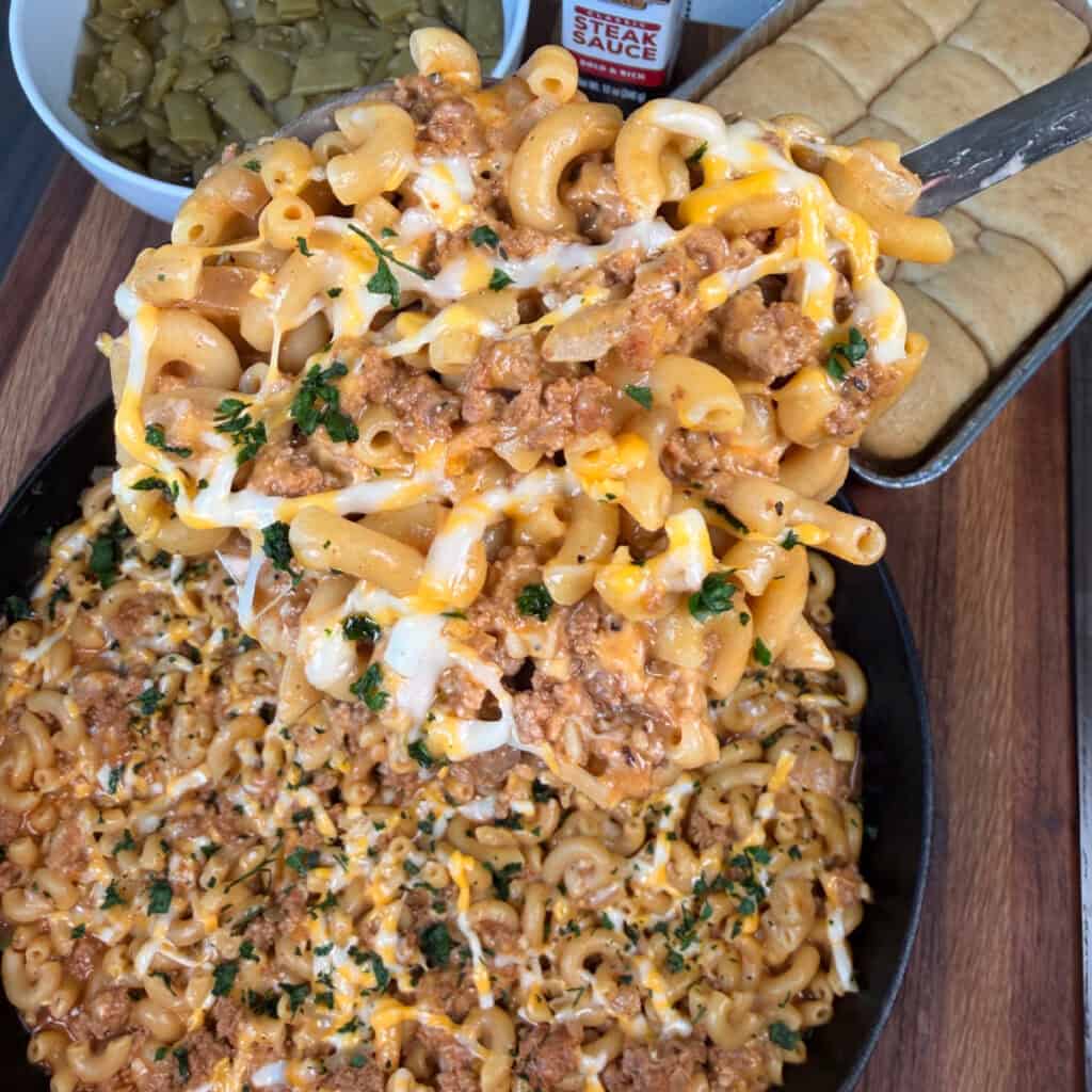 Upclose shot of One Pan Steakhouse Cheeseburger Mac