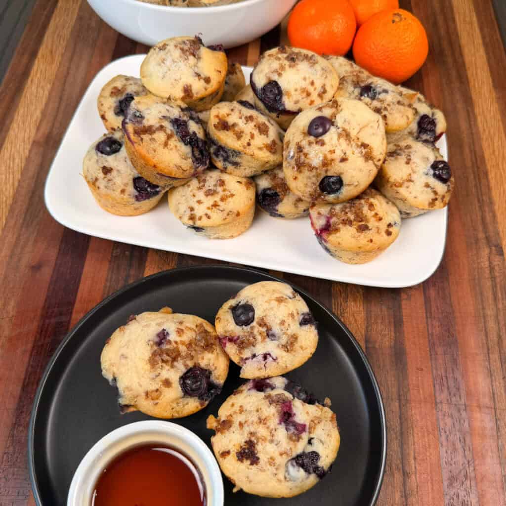 Pancake Muffins with blueberries and sausage plated