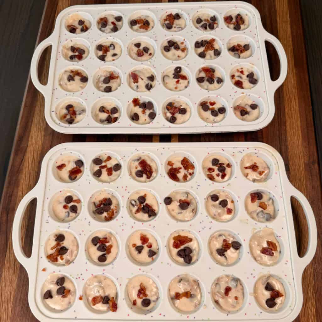 Pancake mix with chocolate chips and bacon ready to go in the oven