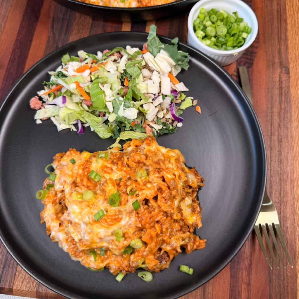 Plated Cheeseburger Rice with salad