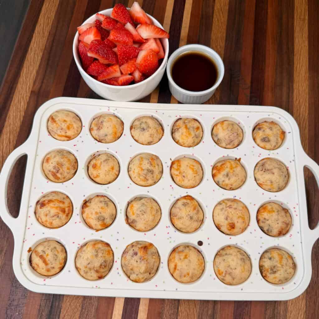 Baked Mini Pancake Bites with strawberries and syrup