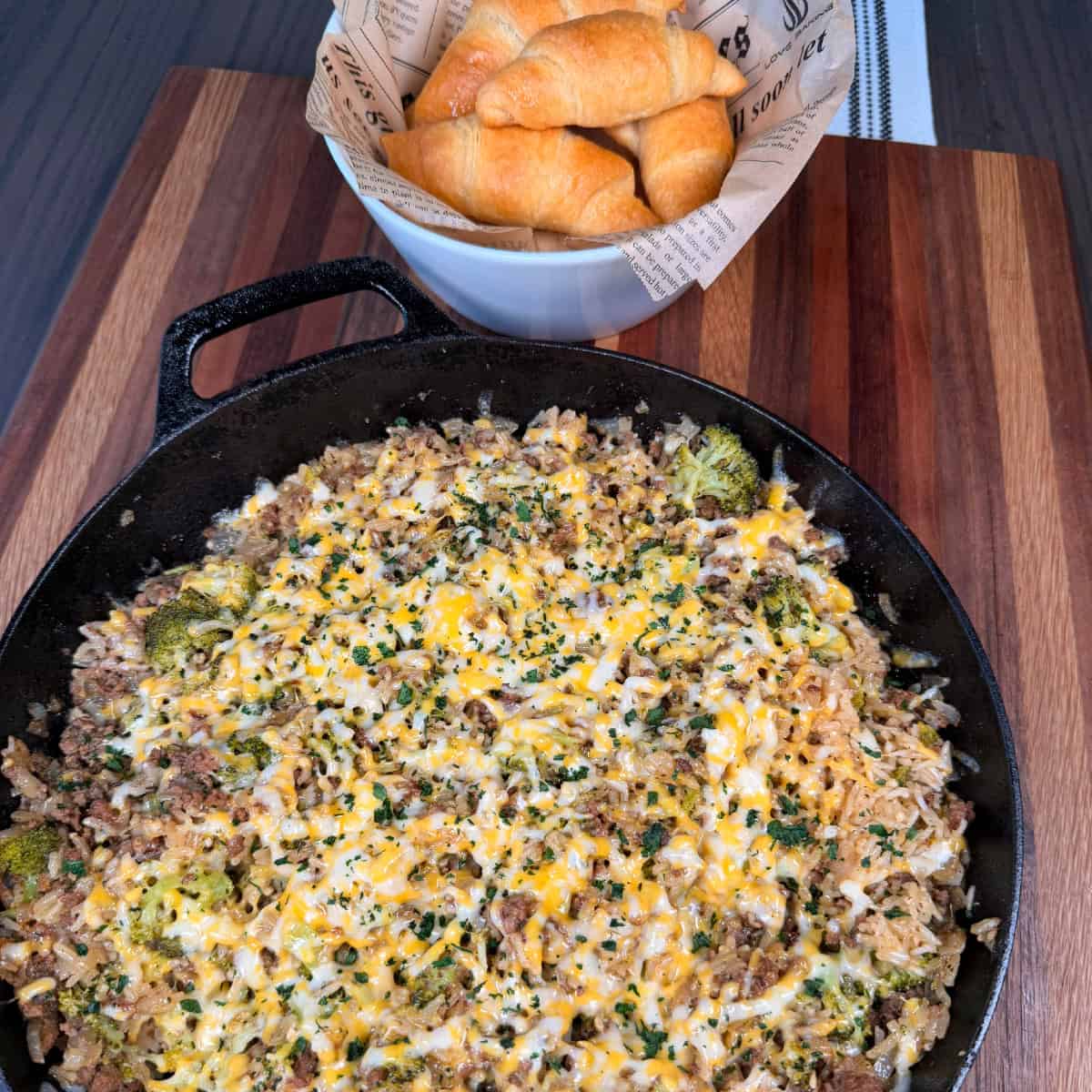 Ground Beef Broccoli Rice Skillet with Crescent Rolls