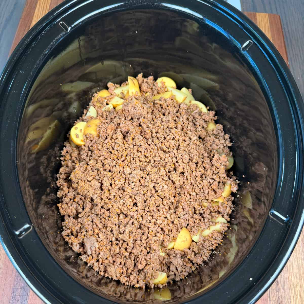 Baby potatoes and ground beef in crockpot