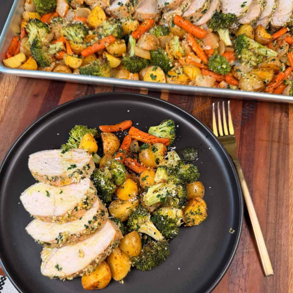 Plated Garlic Butter Pork Tenderloin sheet Pan Meal