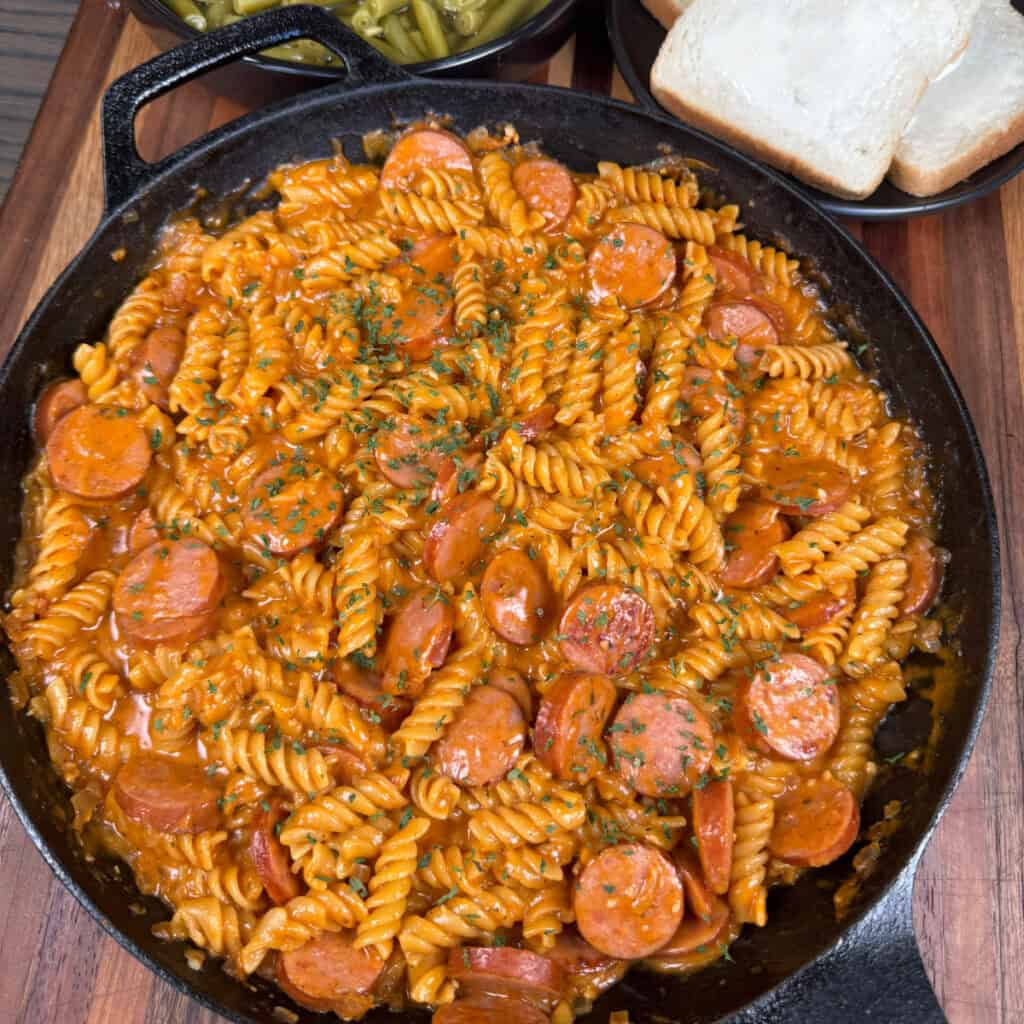 Skillet of kielbasa and pasta