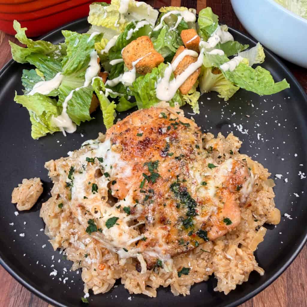 Plated Parmesan Garlic Chicken Thigh Rice Bake