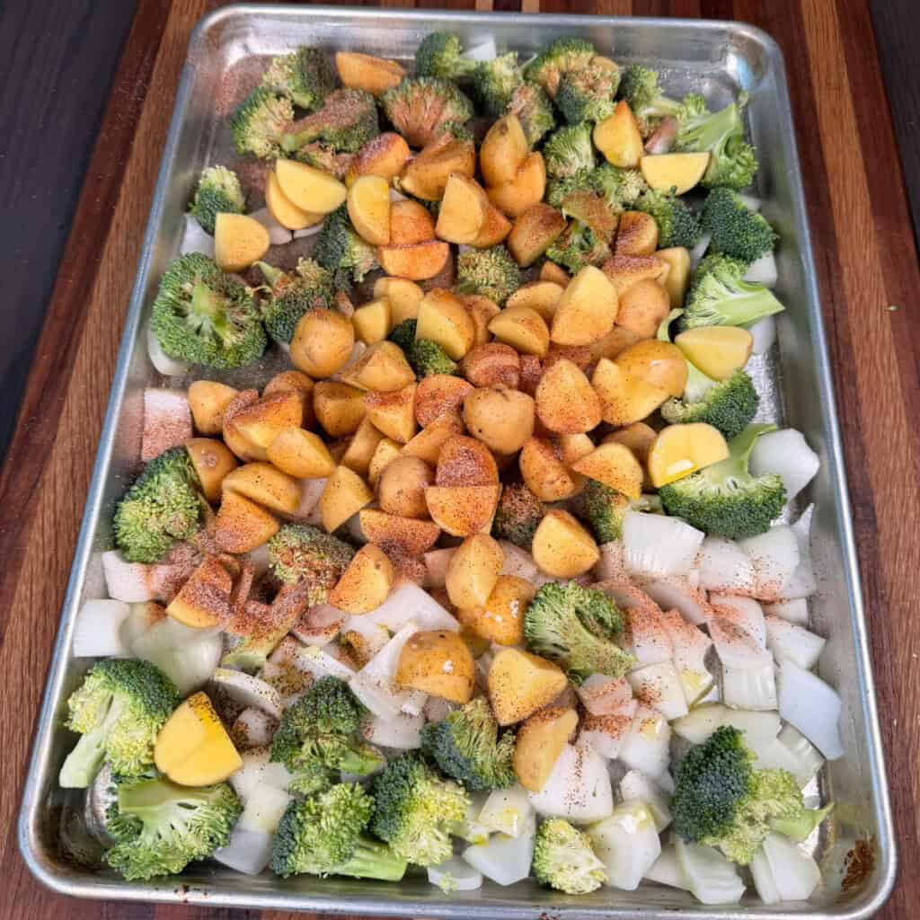 Sheet Pan of potatoes, broccoli, onions, seasonings