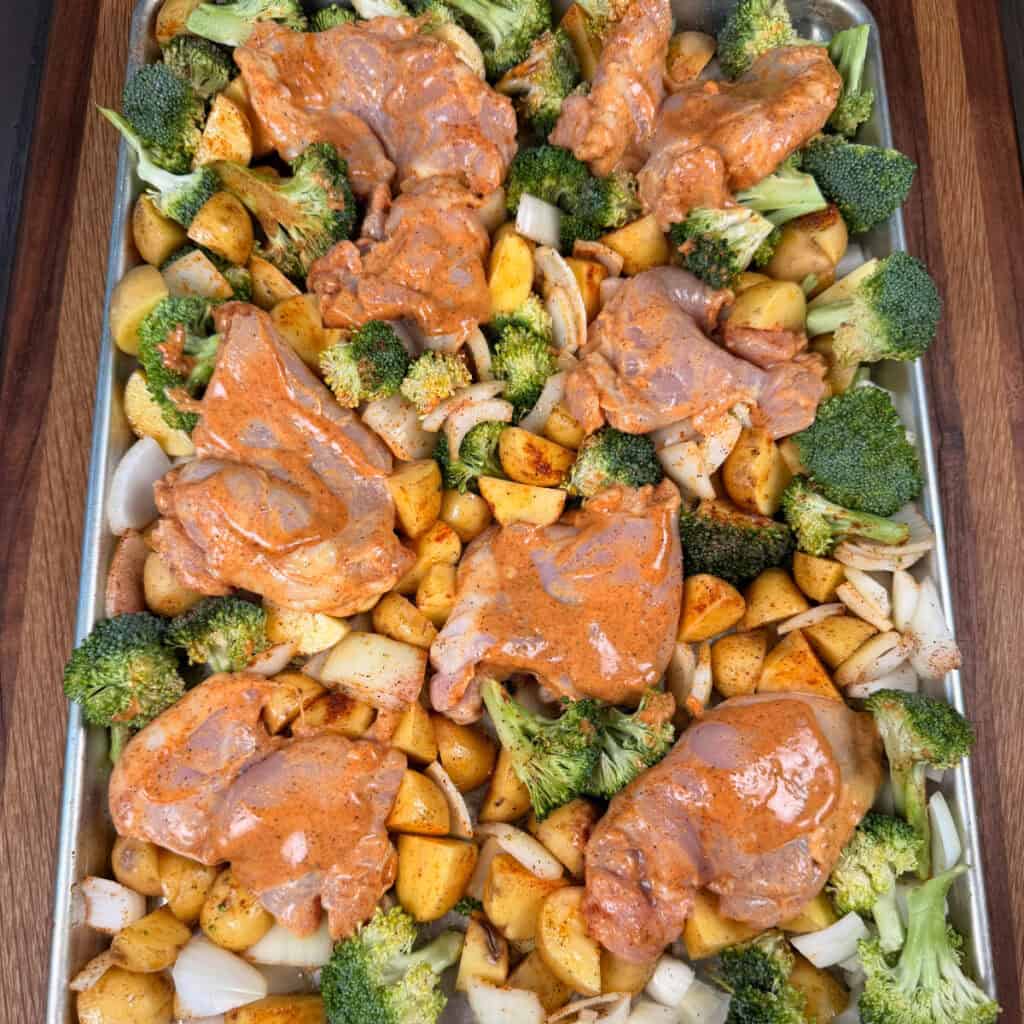 Uncooked Honey Mustard Chicken Thigh Sheet Pan meal