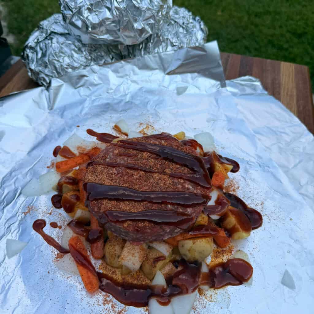 Uncooked BBQ Cheeseburger Foil Packet dinner