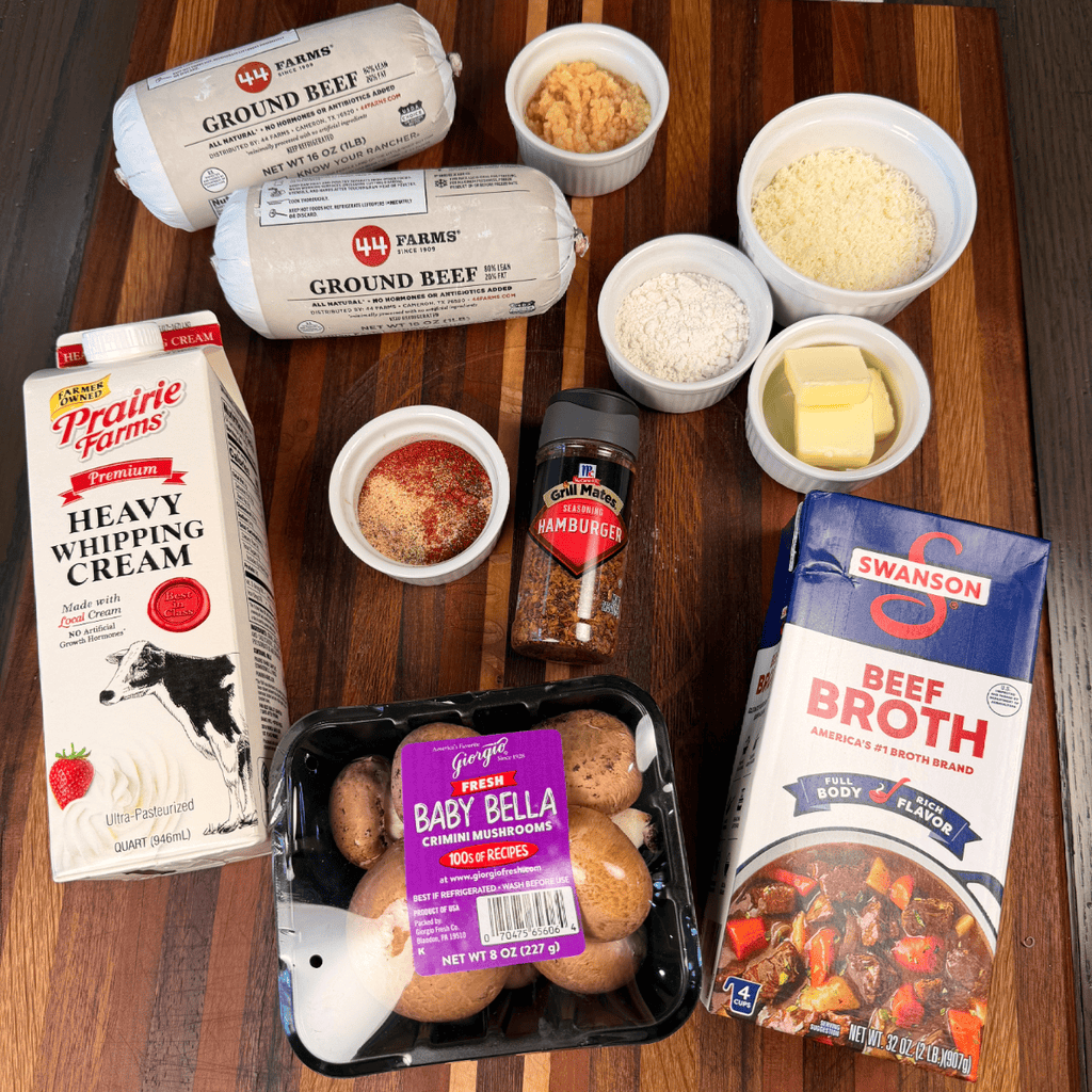 Ingredients - ground beef, seasonings, minced garlic, butter, flour, Parmesan cheese, heavy cream, beef broth, mushrooms