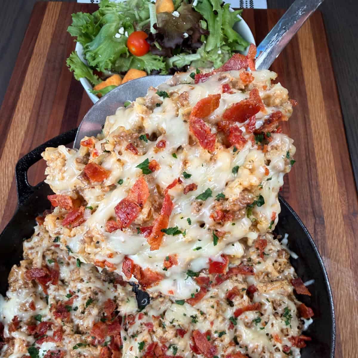 Ground Beef and Rice on serving spoon